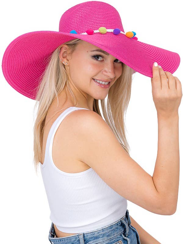 Colorful Mini Pom Pom Wide Brim Floppy Hat for wholesale by Cap Zone