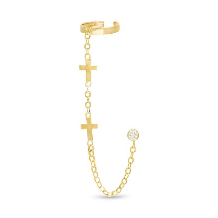 Manchette d'oreille en or massif 10kt avec chaîne et croix pour la vente par Zahav Jewelry