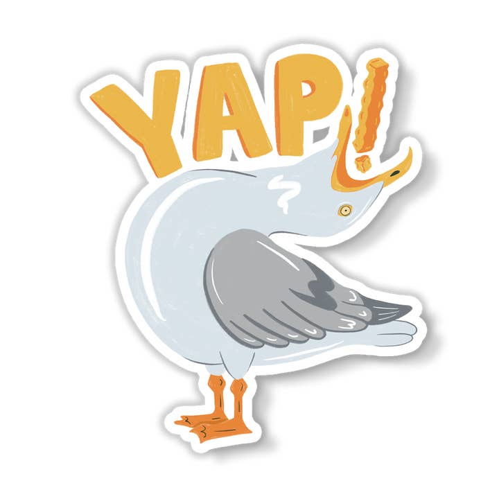 Yap! Adesivo in Vinile di Gabbiano Divertente che Mangia Patatine Fritte per la vendita all'ingrosso da parte di Parcel Island