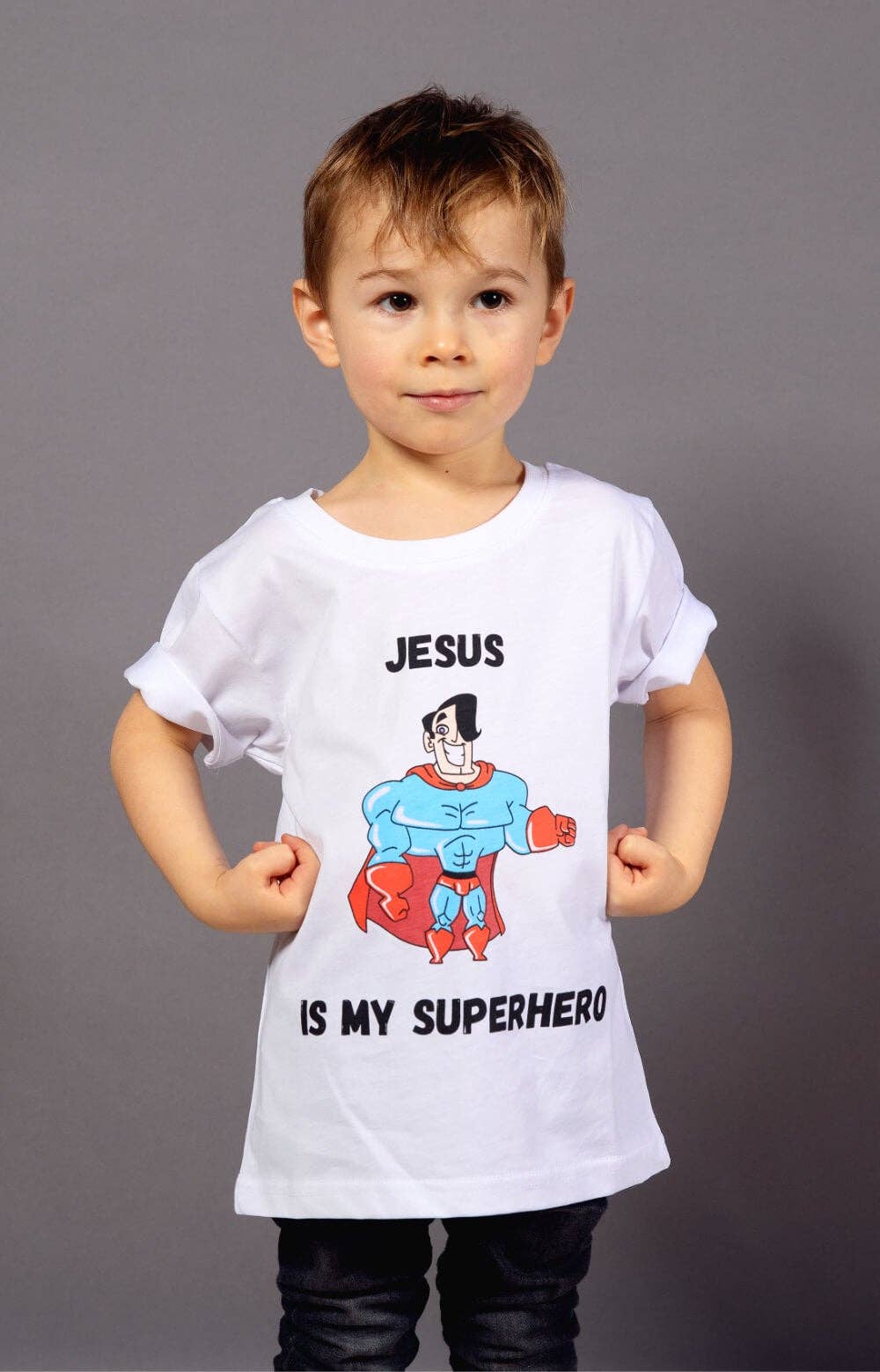 Fearless - Clothed in strenght and dignity - Wholesale Screen Printed T-Shirt - Kids - Jesus Is My Superhero T-Shirt White2