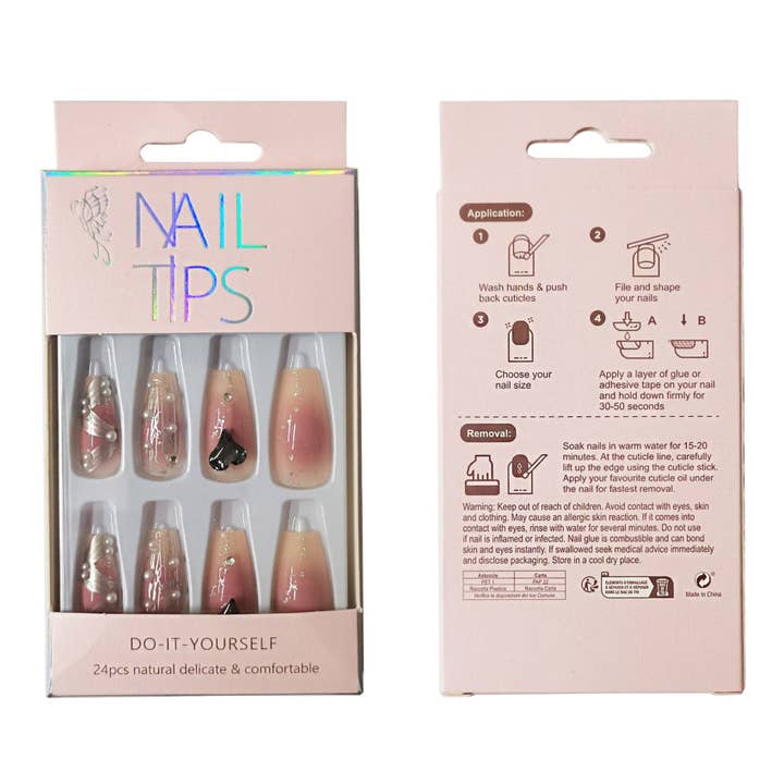 ONE STYLE Pearl Decor Ballerina Fake Nail Set NA1201-38 (12PC) for wholesale on Faire