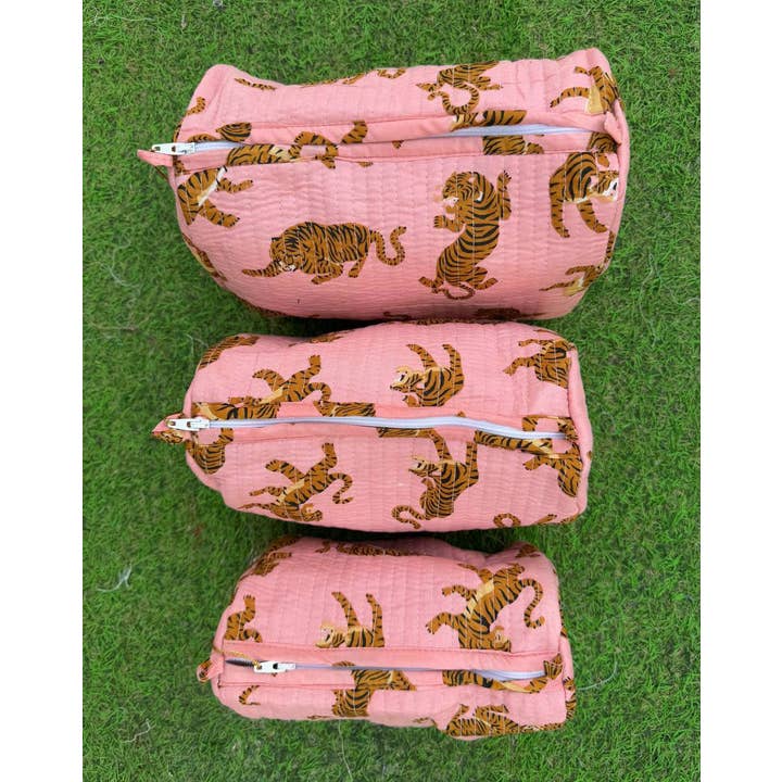 Bhawana Handicrafts - Wholesale Makeup/Cosmetic Bag - Light Pink Tiger Printed Bag Indian Cotton Quilted Toiletry 3