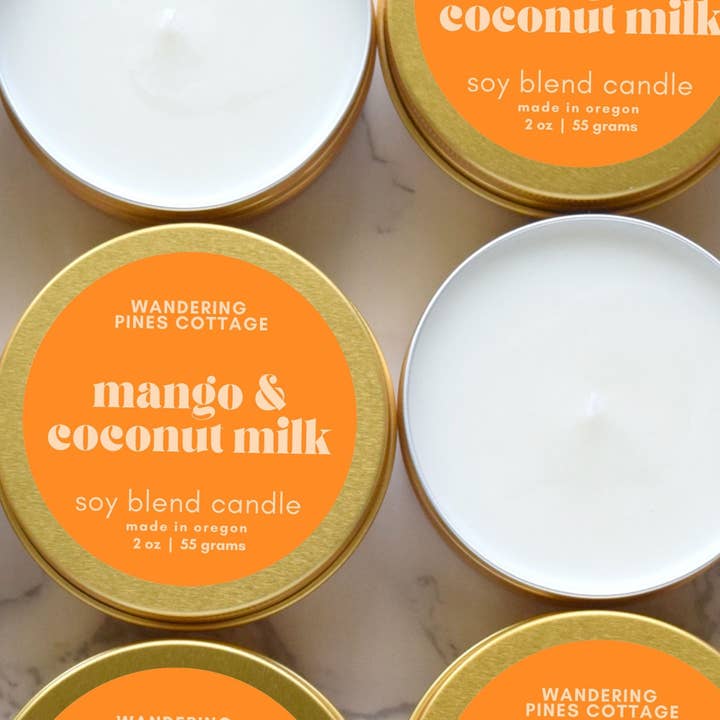 Mango and Coconut Milk - 2 oz Gold Tin Travel Candle for wholesale by Wandering Pines Cottage