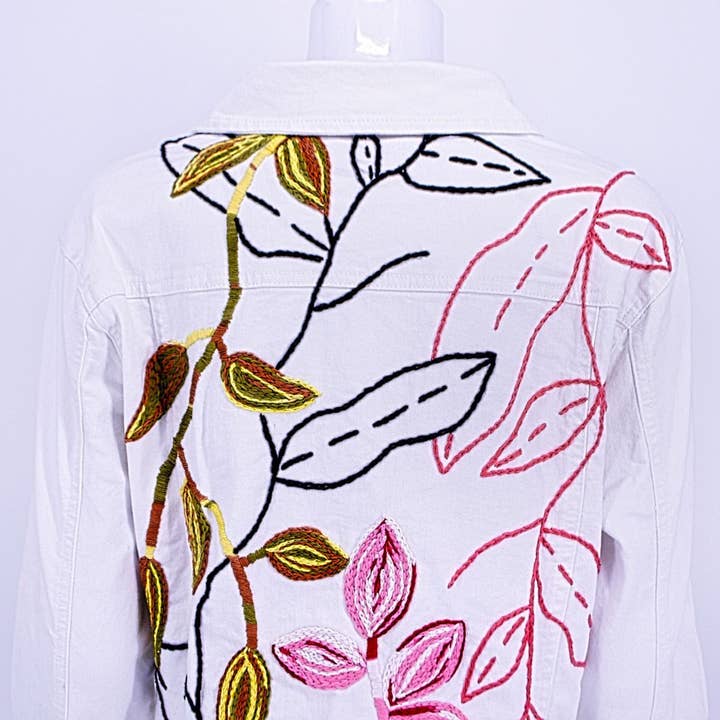 My Little Maria - Wholesale Denim Jacket - Women's - Hand Embroidered White Denim Jacket - Pink and Green Floral