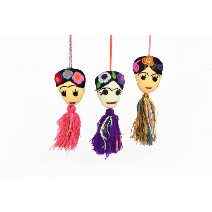 Frida Embroidered Felt Ornaments Multicolored Pompoms 4" for wholesale by Sanyork Fair Trade