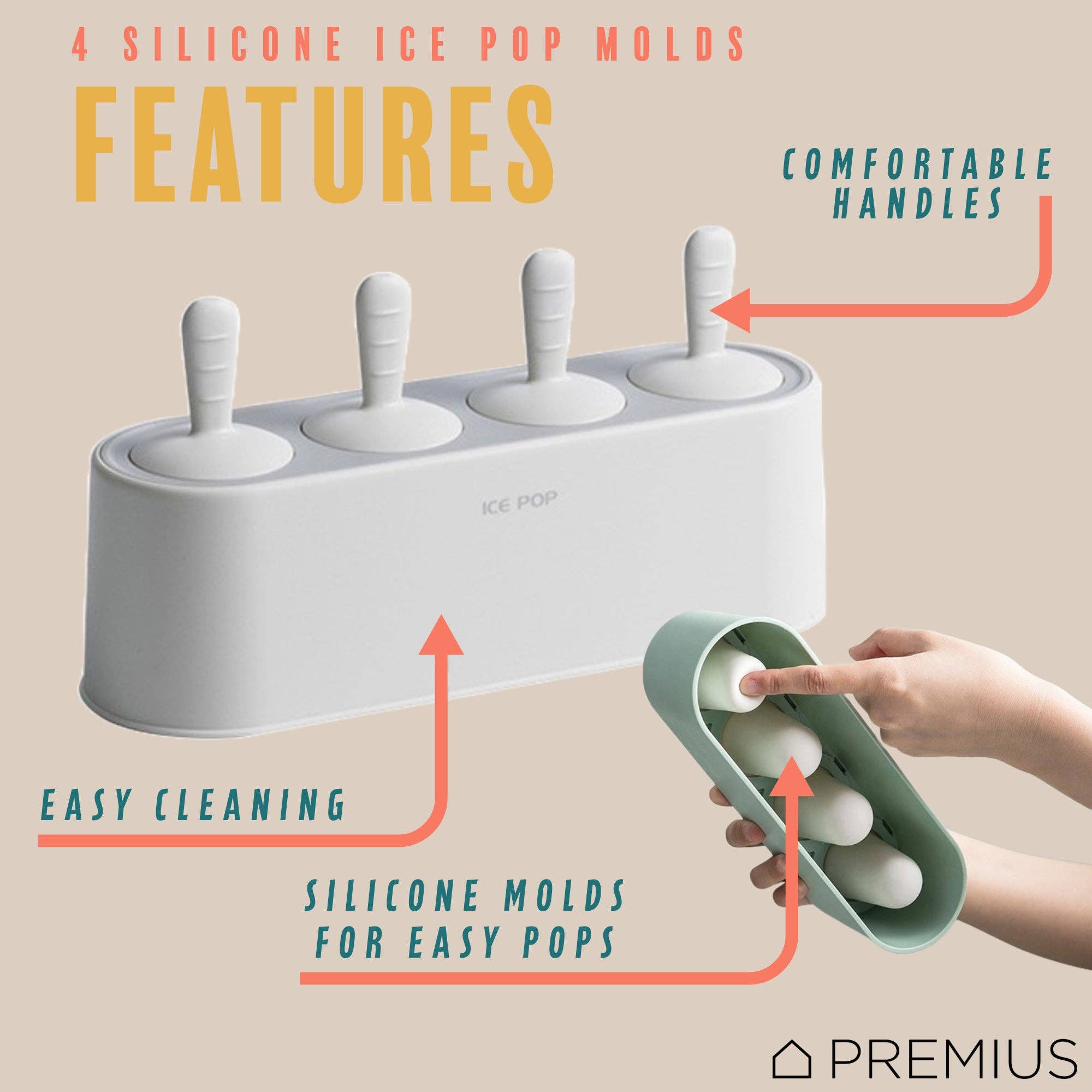 ShopBobbys – wholesale Kitchen tool/gadget – PREMIUS 4 Silicone Ice Pop Maker Mold Set, White, 9.25x2.95x4.52 Inches1