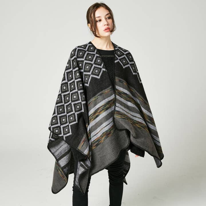 Svelte Seduction - Wholesale Poncho – Women's - Elara Ladies Rhombus Color Stripes Shawl High End20