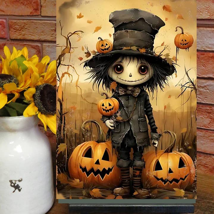 Bad Bunny Designs - Wholesale Art Print - Cute Scarecrow with Jack-O Lantern Metal Sign
0