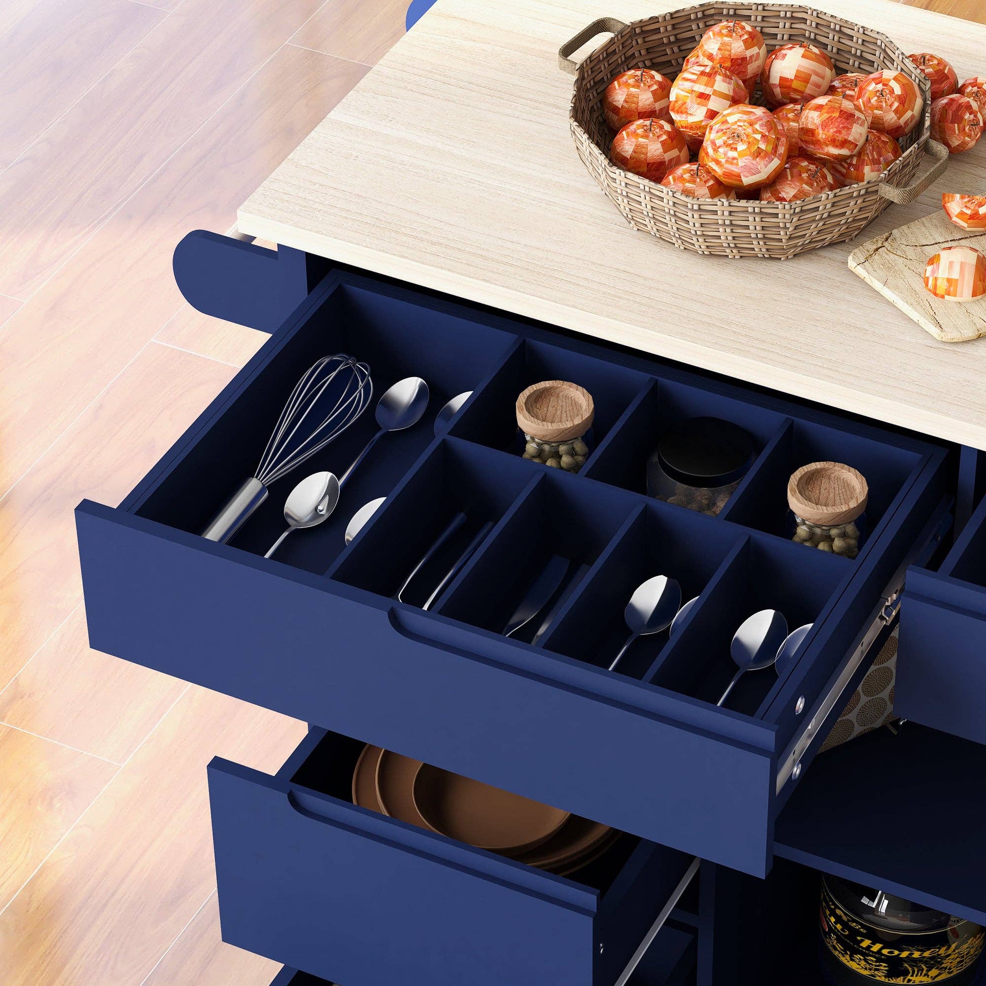 39F Inc. - Wholesale Kitchen Storage/Organizer - 53" Dark Blue Kitchen Island Cart with 8 Drawers & Wood 2
