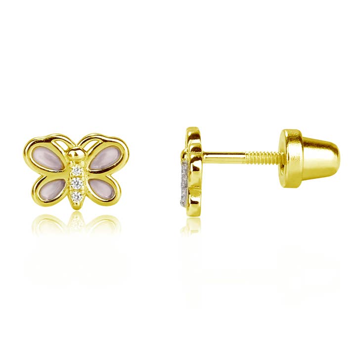 14K Gold Plated Girls Screw-Back Pink Butterfly Earrings for wholesale by Cherished Moments