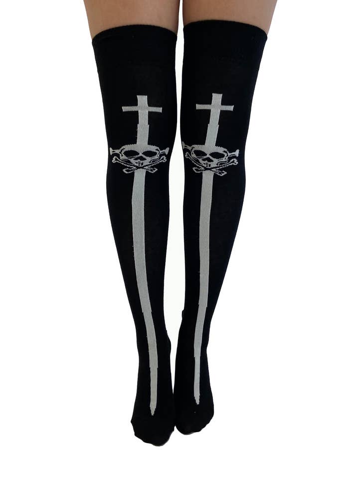 Skull and Sword Over the Knee Socks for wholesale by Pamela Mann