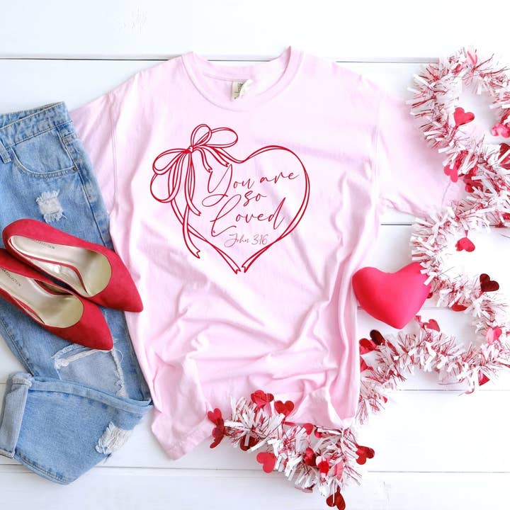 New You are Loved Pink Bella Christian Graphic Tee Free Ship for wholesale by Fox and Owl Apparel-Graphic Tee's