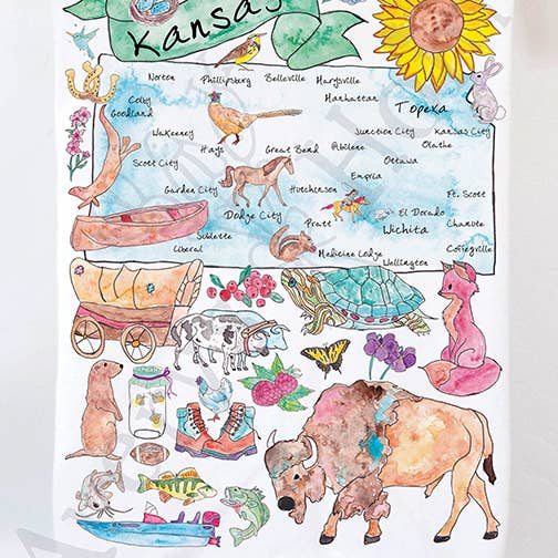 Kansas State Map Tea Towel for wholesale by Avery's Home