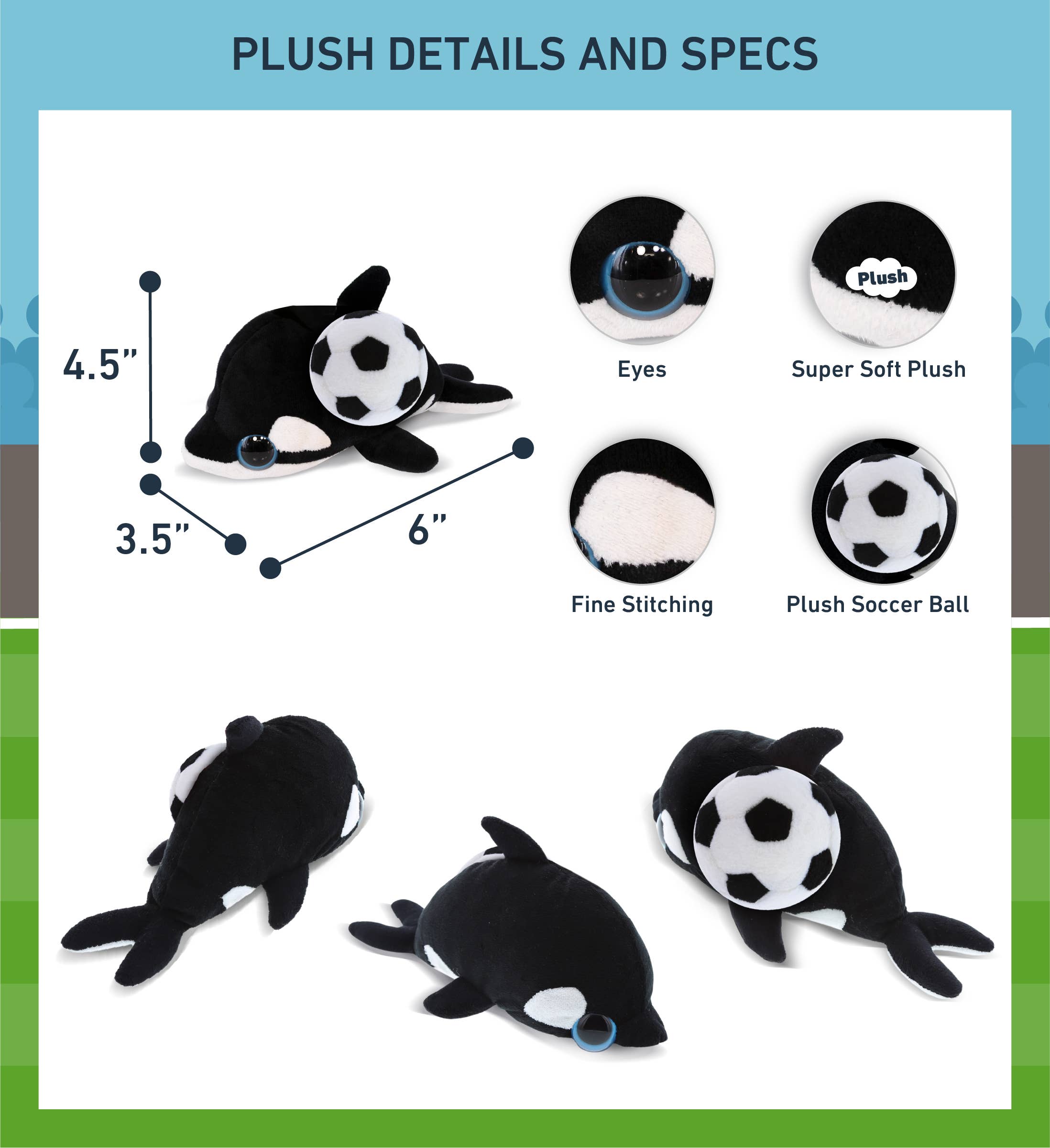 Cota Global - Wholesale Stuffed/Plush Toy - Kids & Baby - Plush Soccer Ball - Big Eye 6" Plush - Killer Whale2