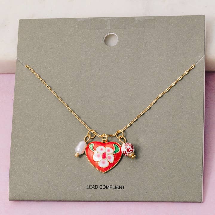 Fame Accessories - Wholesale Link & Chain Necklace - Enamel Heart And Ceramic Floral Charms Chain Necklace1