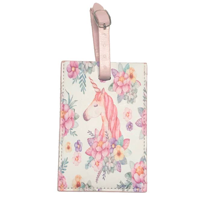 White Flowery Unicorn Printed Luggage Tag for wholesale by Nima Accessories Inc