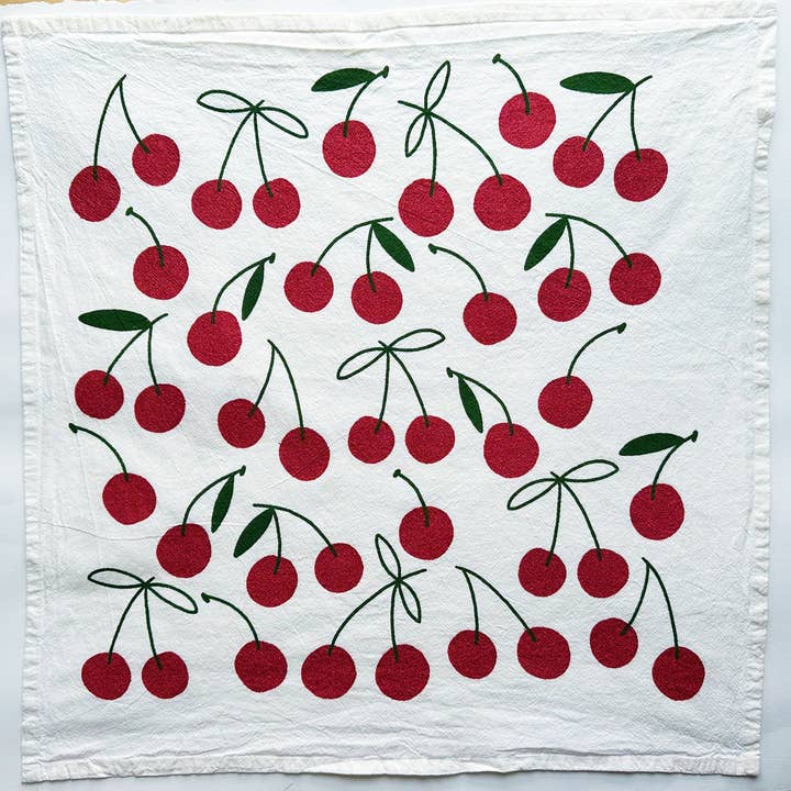 Julie Peach - Wholesale Tea Towel - Glitter Cherries on White Tea Towel - 100% Cotton