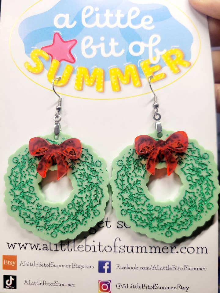 Christmas Wreath and Bow Earrings for wholesale by A Little Bit of Summer LLC
