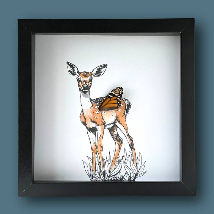 Forest Fawn Deer Framed Art with Real Butterfly Wing for wholesale by Isms