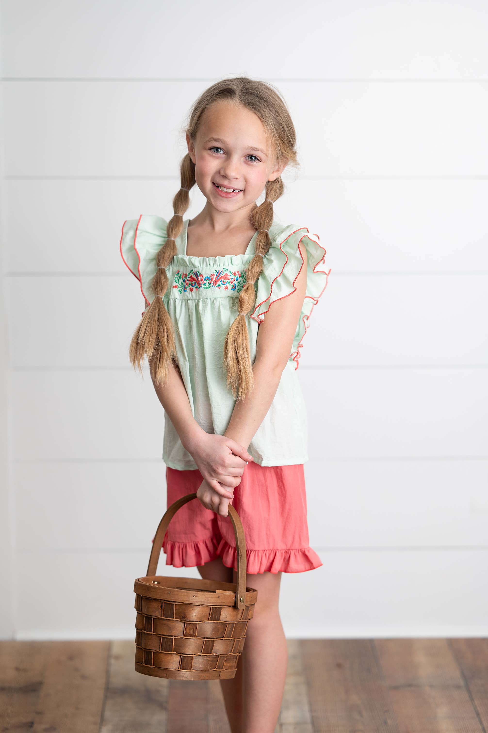 Wren & James - Wholesale Top & Short Set - Kids - Girls Embroidered Mint Ruffle Top & Pink Short Set4