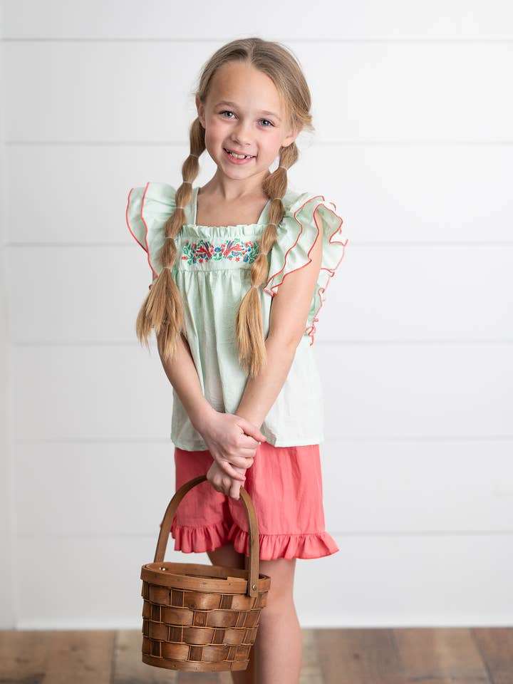 Wren & James - Wholesale Top & Short Set - Kids - Girls Embroidered Mint Ruffle Top & Pink Short Set4