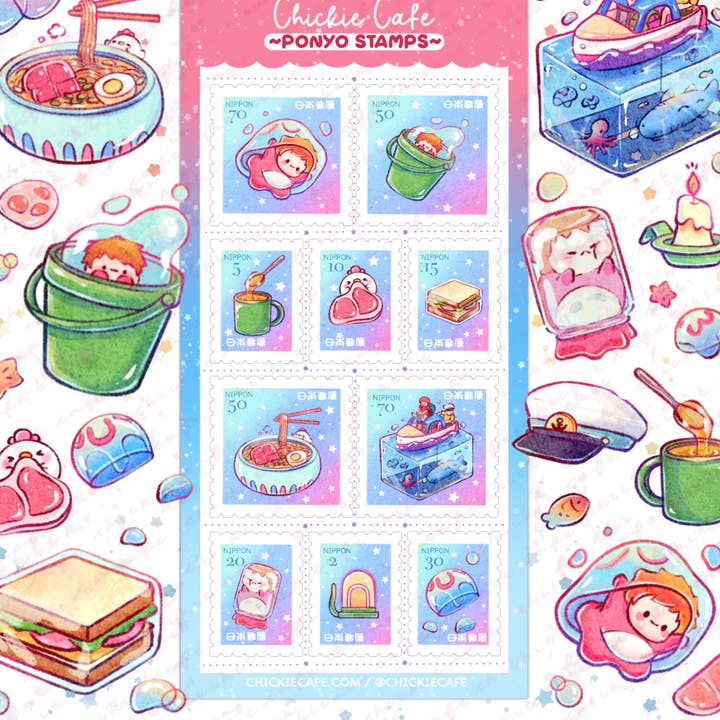 Ponyo Stamps Sticker Sheet for wholesale by Chickie Cafe