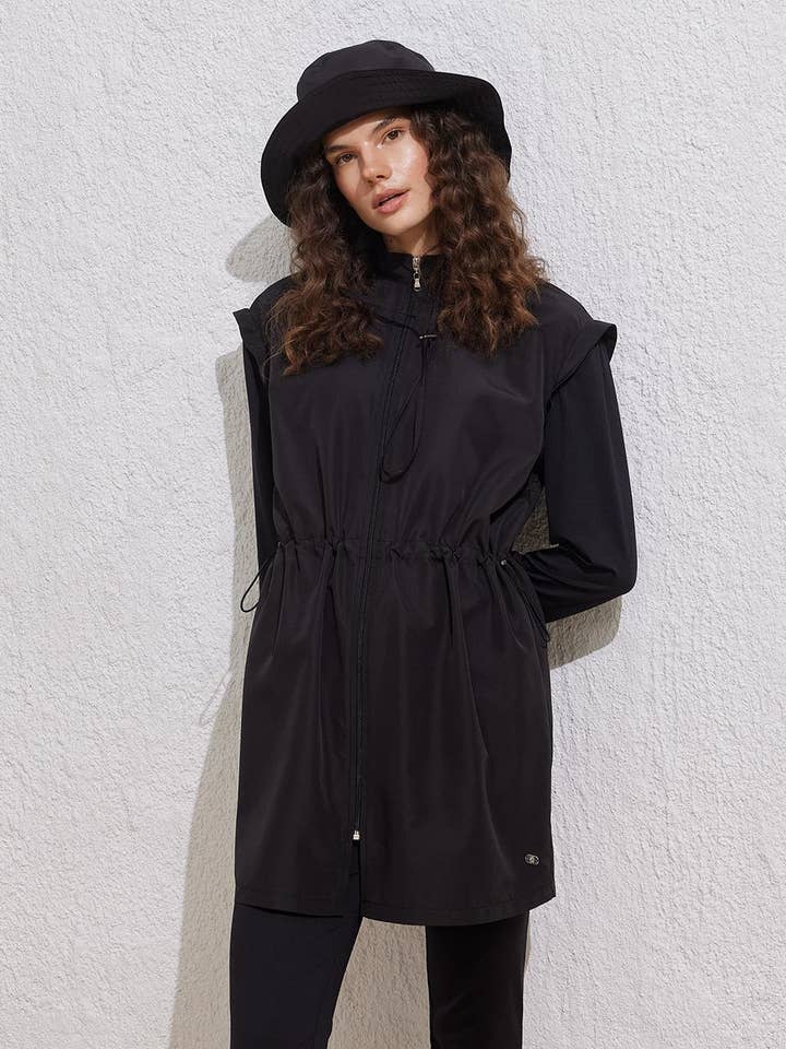 Parachute Fabric Zip-Up Modest Swimsuit Set Black for wholesale by Kadriye Baştürk