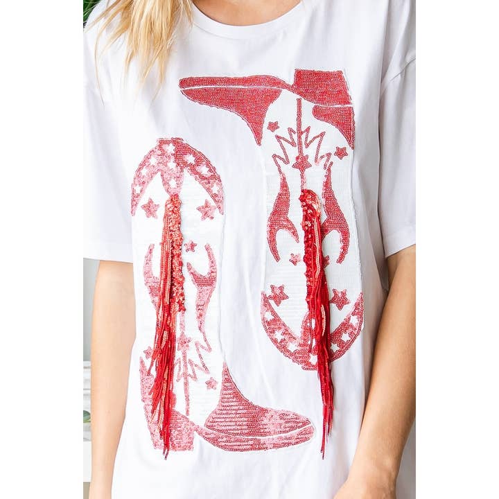 Vit Cowboy Stövlar Paljetter Patch T-shirt Klänning för wholesale på Faire2