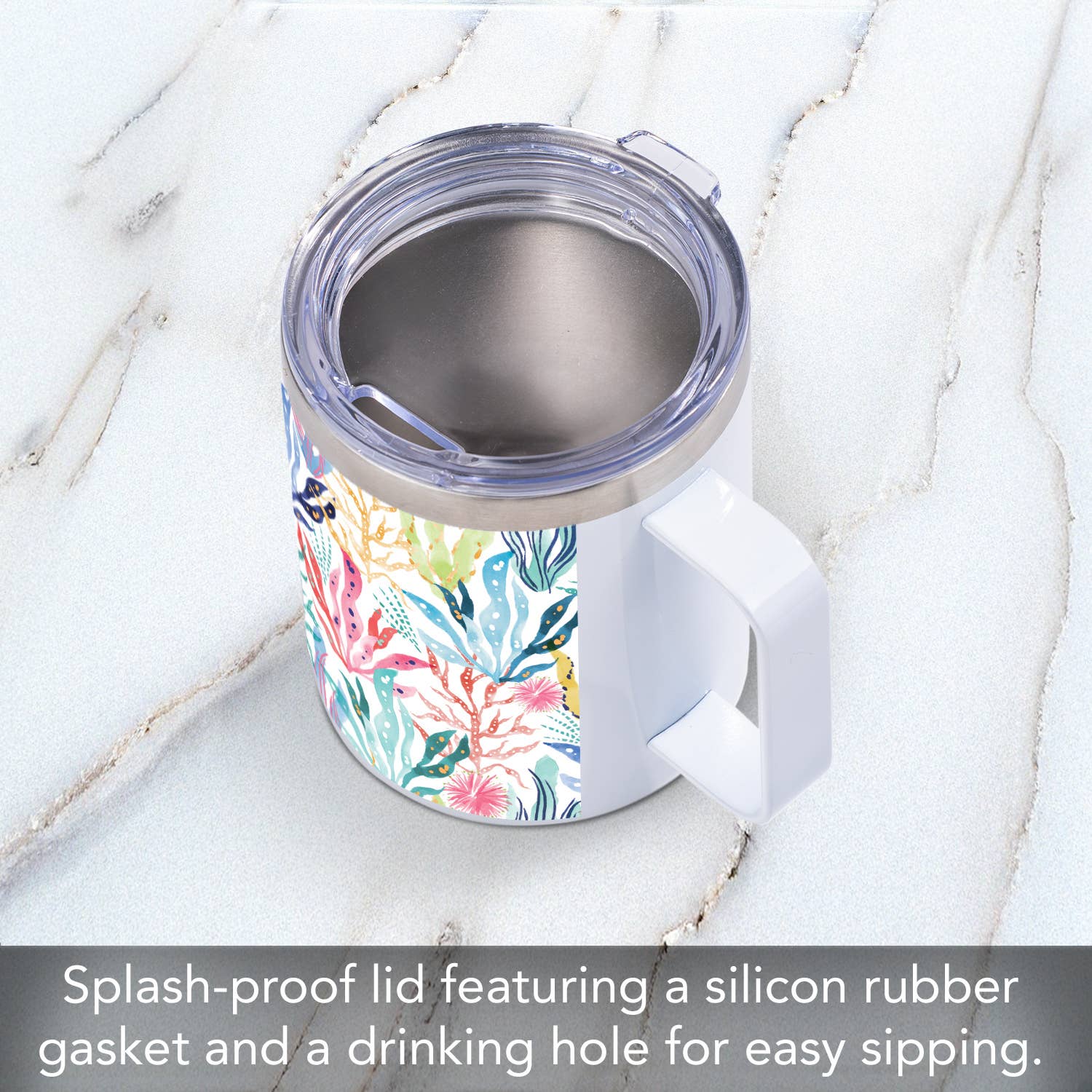 CounterArt/Highland Home/Thirstystone – wholesale Kaffe-/Tékopp – "Coastal Coral" Rostfritt Stålmugg med Lock 12 oz.3