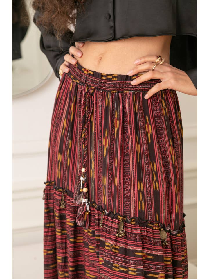 BURGUNDY Long skirt printed with LUREX, embroidered with sequins and serrab for wholesale on Faire2