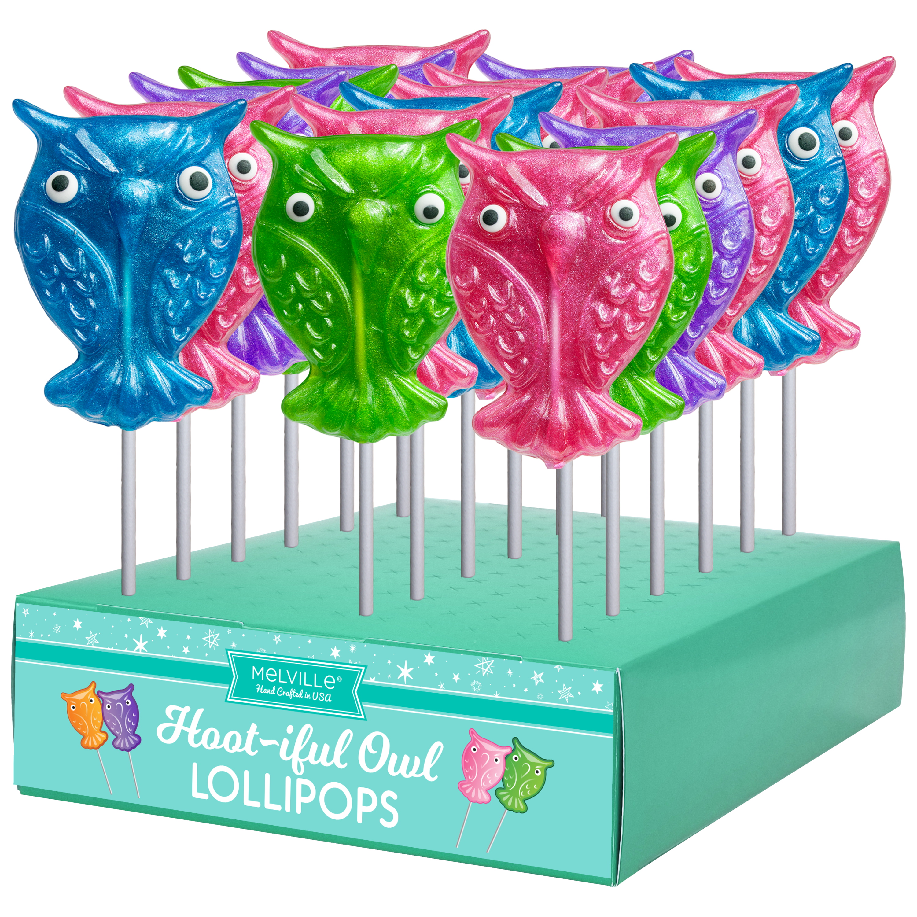 Melville Candy Company - Wholesale Lollipop - Glitter Owl Lollipops - Assorted0
