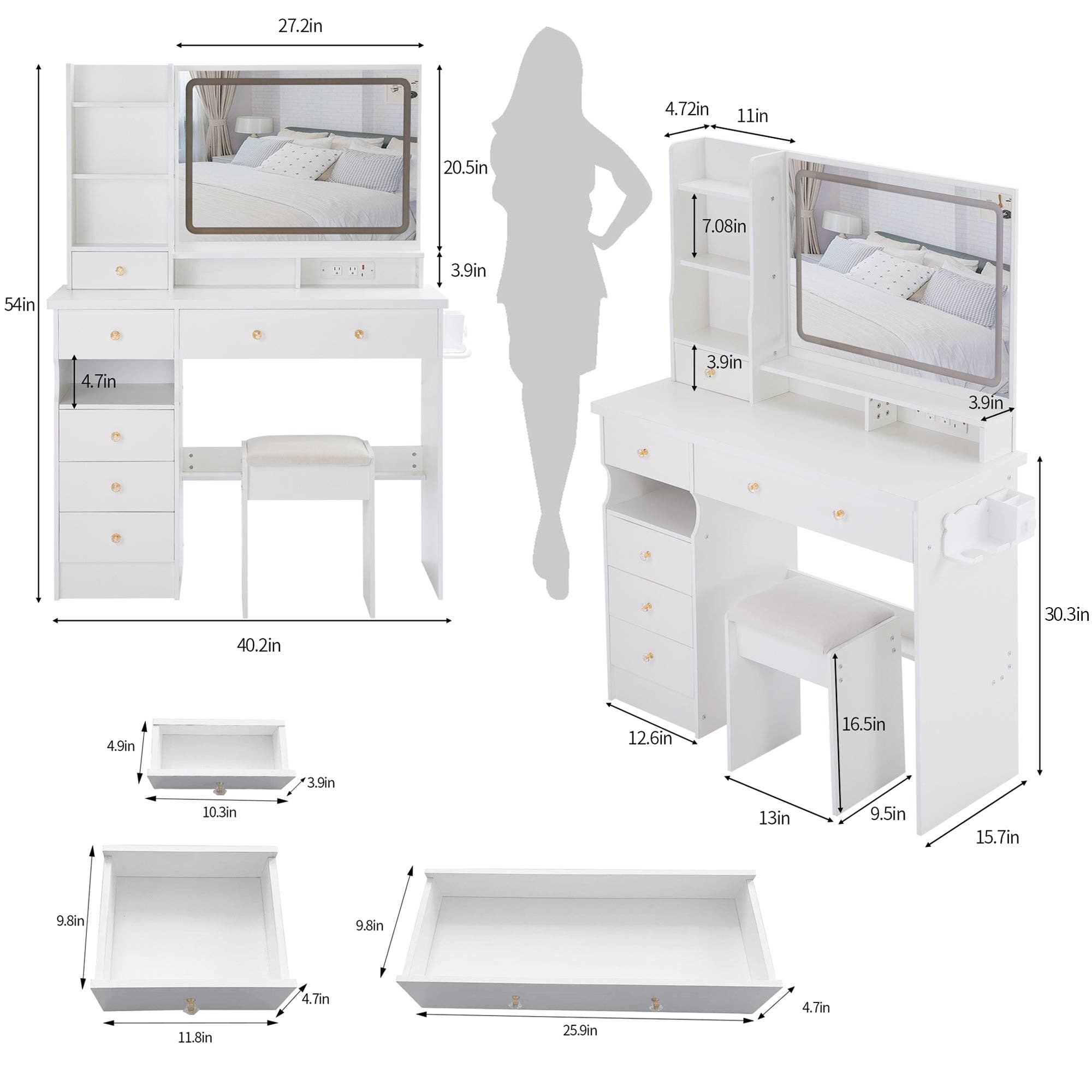 39F Inc. - Vente Miroir de courtoisie - Ensemble de coiffeuse blanche de 41'' avec station d'alimentation et miroir LED1