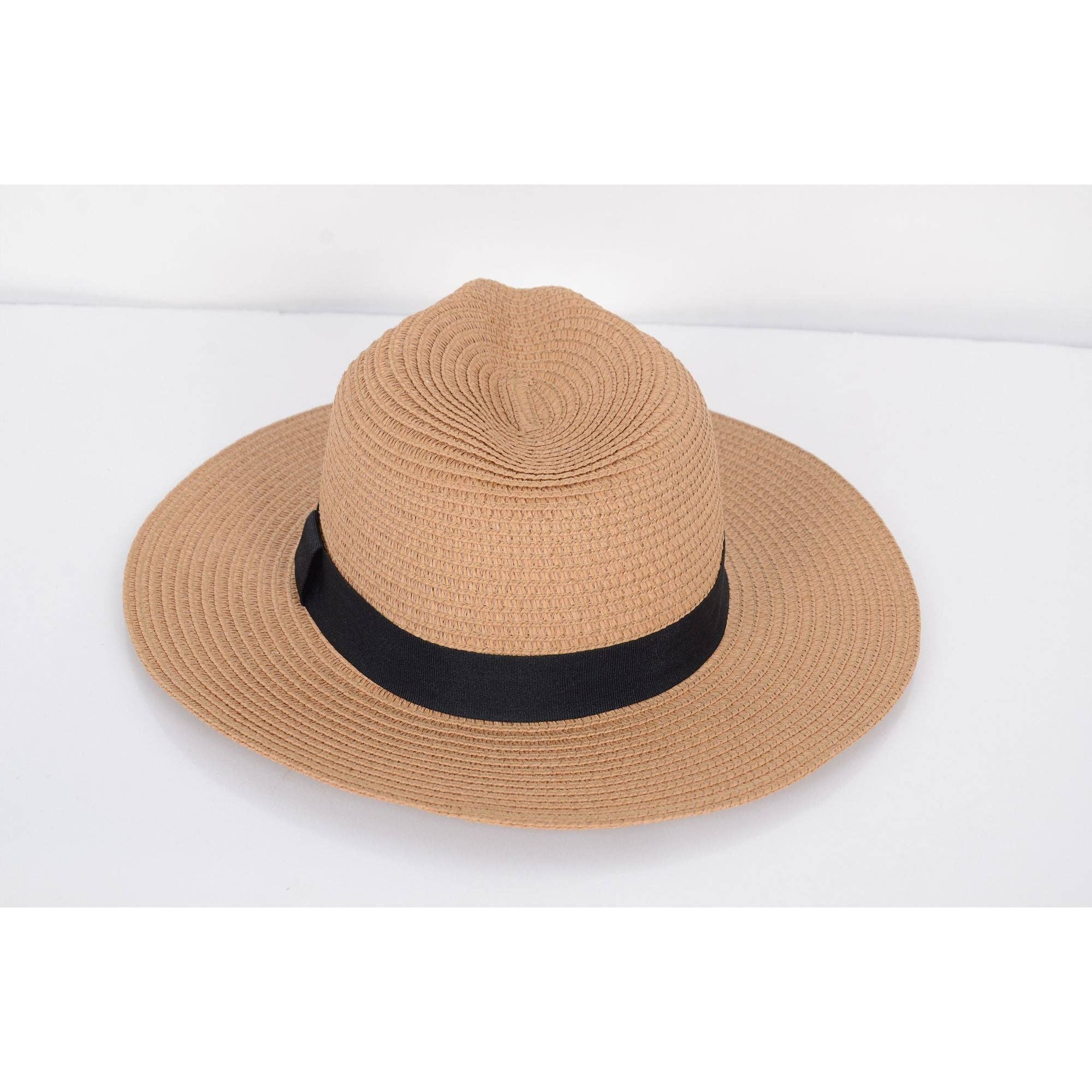 AK Brand - Wholesale Straw Hat - Women's - Wide Brim Straw Fedora Sun Hat Black Band Panama UV Hat13