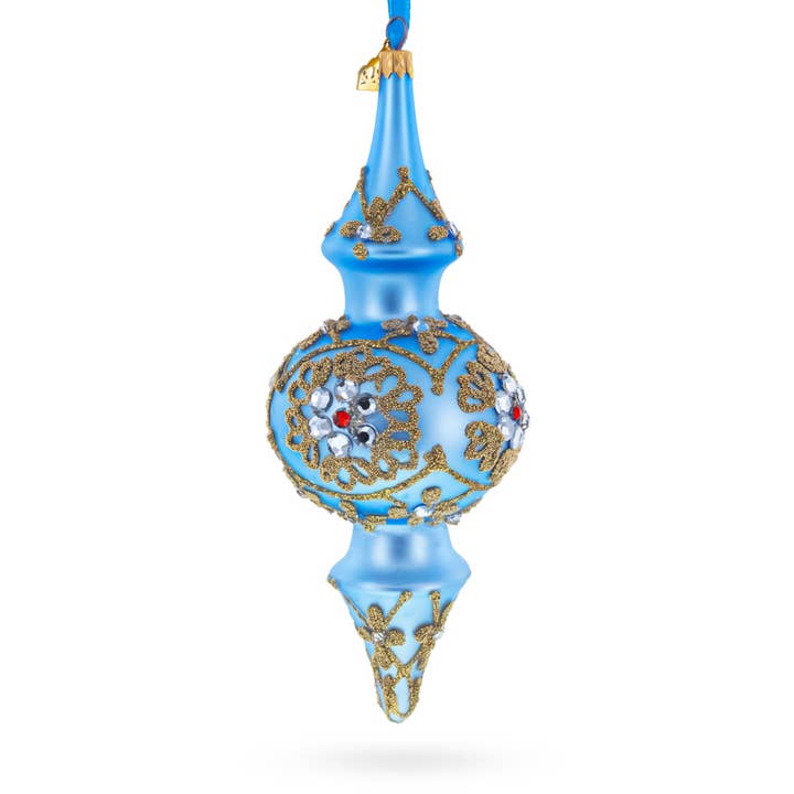 BestPysanky - Wholesale Ornament - Royal Blue Jeweled Scroll Double-Ended Finial Drop Glass Christmas Ornament2