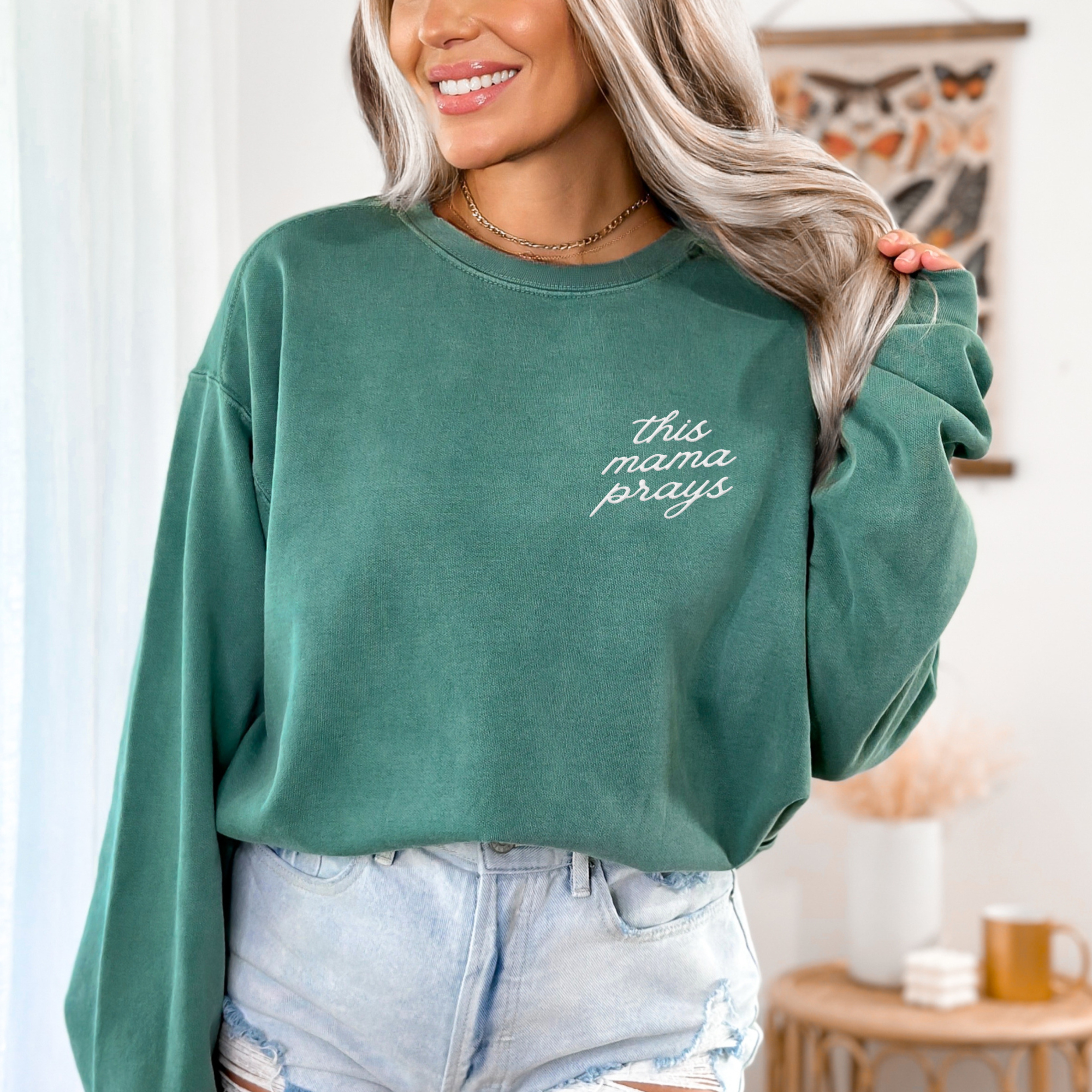 Scripted Pearl - Wholesale Sweatshirt - Women's - This Mama Prays Embroidered Comfort Colors Sweatshirt 11