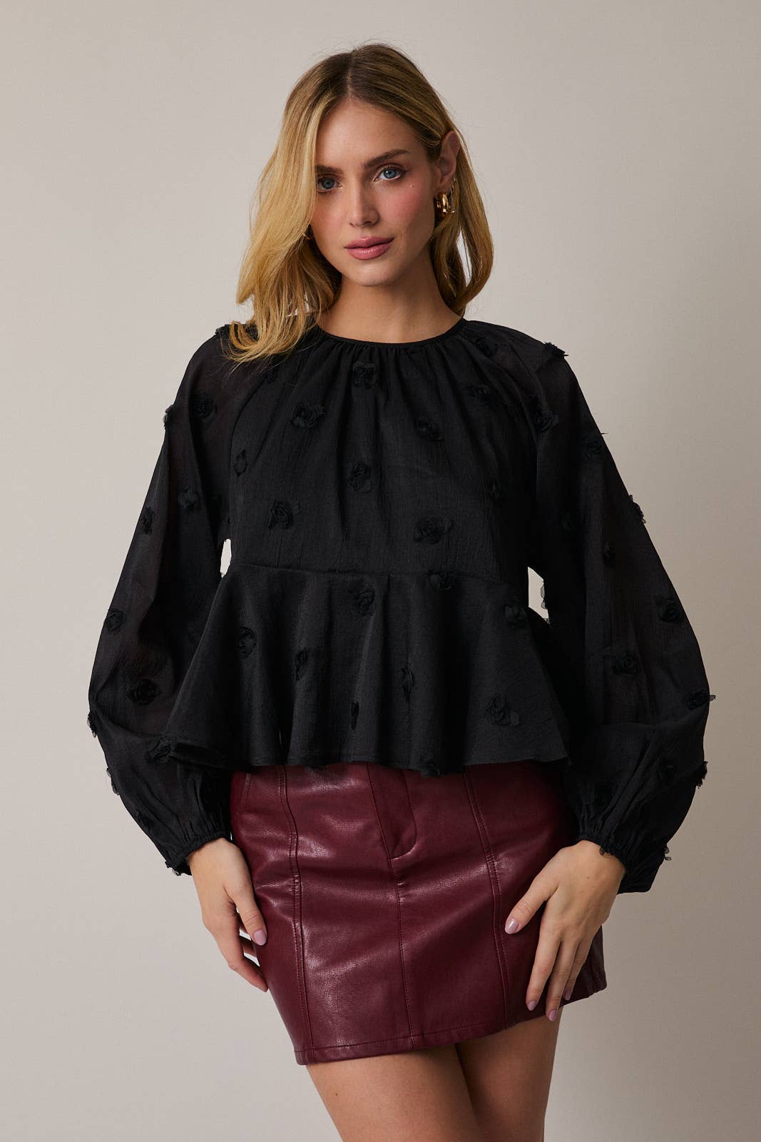 Sunday Edition - Wholesale Blouse - Women's - ROUND NECK LONG SLEEVE TIERED MESH BLOUSE
