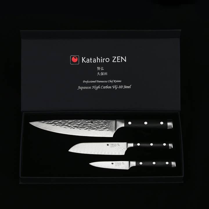 Ed Mahony – wholesale Knife set – Zen - 3 PCS Set,Damascus Harmmered Chef Knife &Bamboo Holder