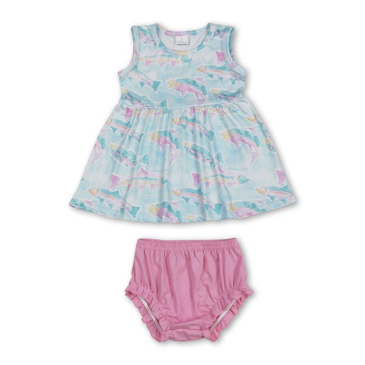 Haut sans manches à motif de poissons aquarelle avec culottes pour bébés filles pour la vente par Yawoo Garments