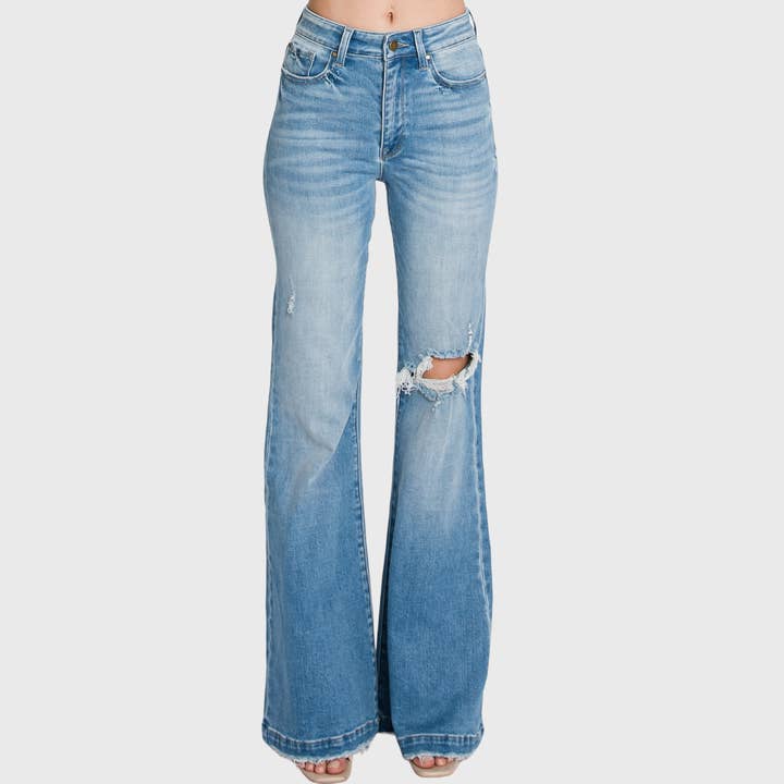 Petra153 - Wholesale Jeans - Women's - (PETITE) PZ289F-MD DISTRESSED SUPER HIGH RISE 70'S FLARE