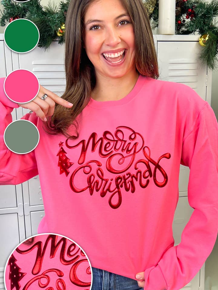 Merry Christmas Metallic Puff Graphic Sweatshirt for wholesale by Sugar Stitch