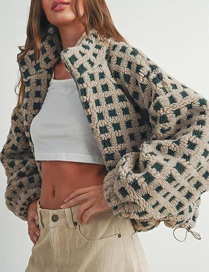 Rosa Clothing - Wholesale Jacket - Women's - Checkered Gingham Sherpa zip-up jacket 6 COLORS1