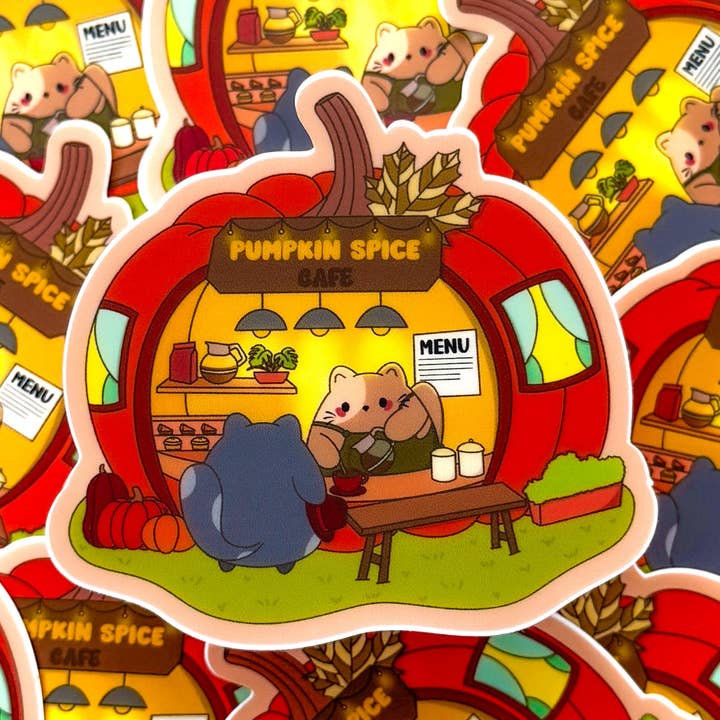 Pochistudios - Wholesale Sticker - Cozy Fall Pumpkin Spice Cafe Chubbs Cat Waterproof Die-cut Sticker