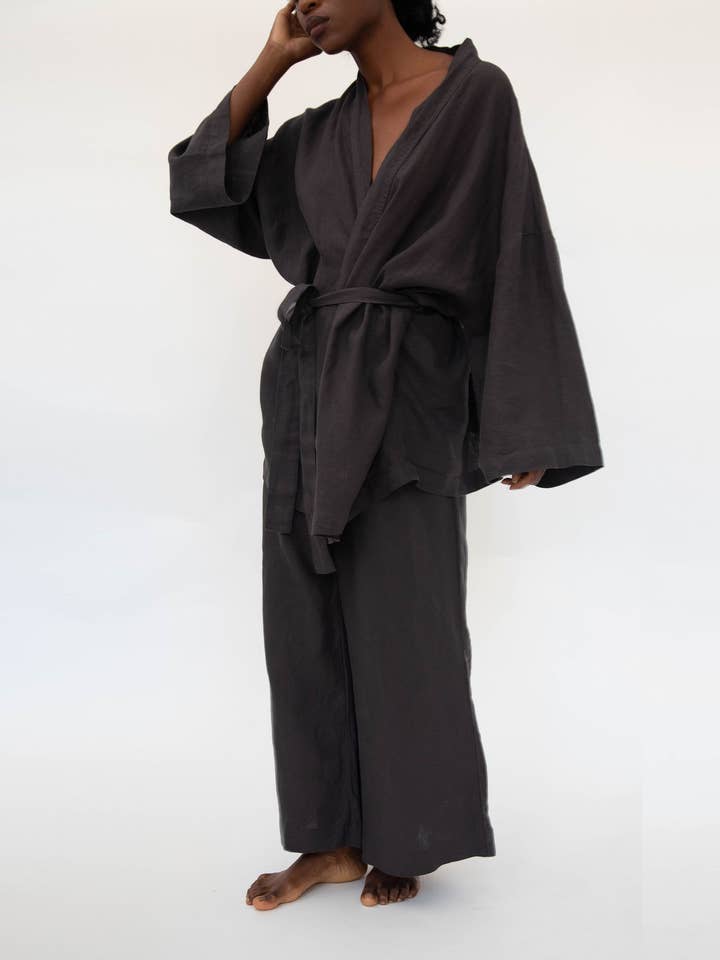 Sunday Morning - Wholesale Sleepwear Set - Women's - Naoko Linen Kimono Sleepwear Set