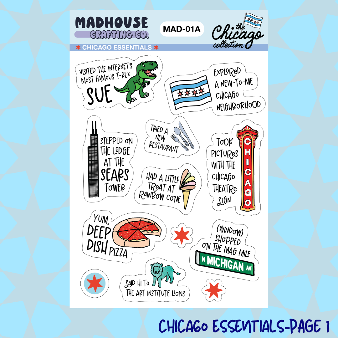 Madhouse Crafting Co. - Wholesale Sticker - Chicago Travel Essentials - 2-sheet 4 x 6 in Sticker Set1