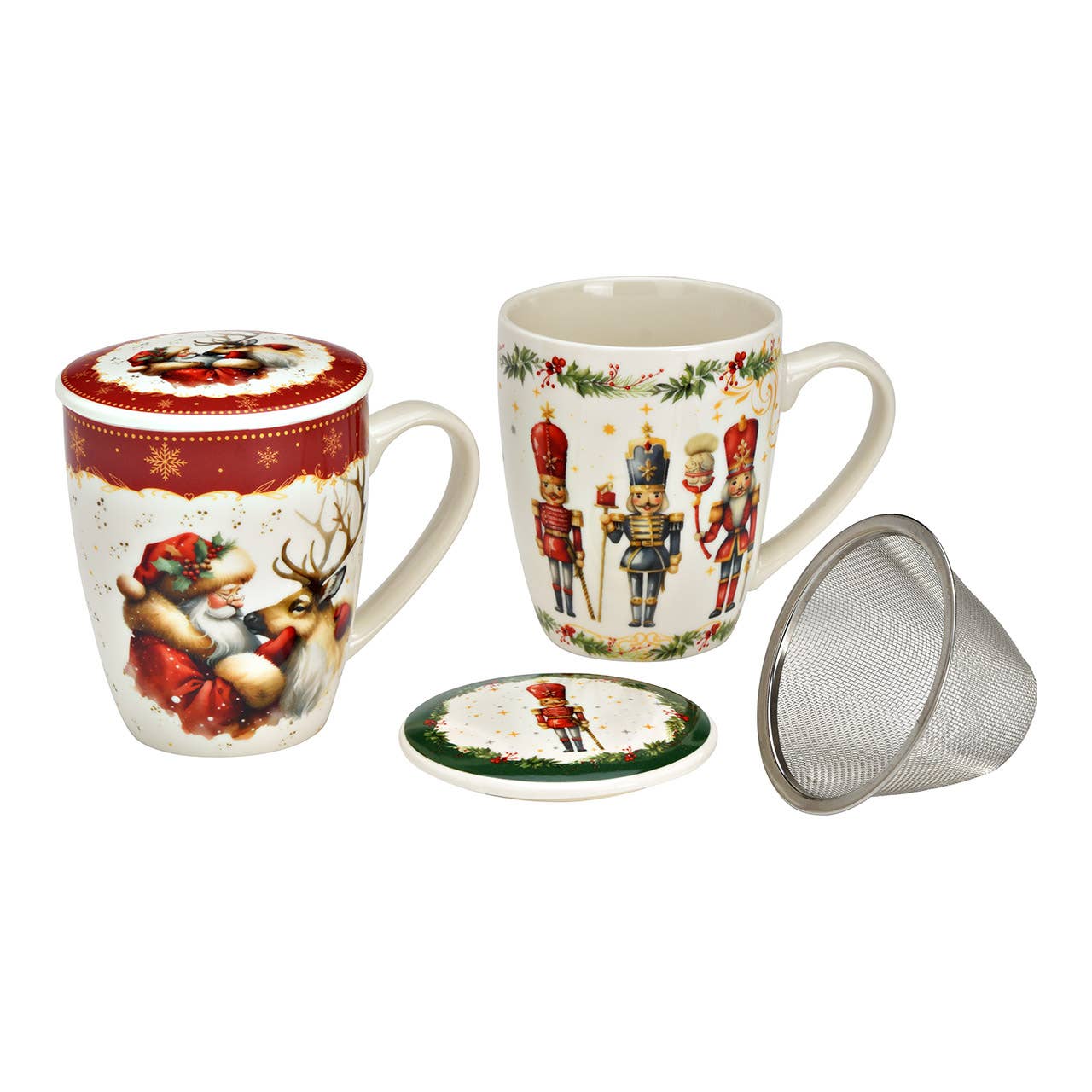 Wurm - Wholesale Christmas Decoration - Tea Mug Nutcracker/Deer Design with Lid/Metal Strainer made of Porcelain, 2-piece, Red/Green (H/W/D) 13x11x9cm 350ml1