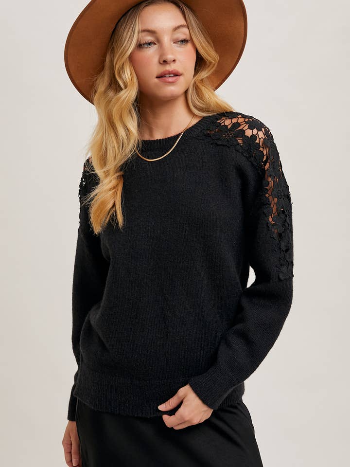 Bluivy - Wholesale Knit Sweater - Women's - CROCHET CONTRAST KNIT SWEATER PULLOVER