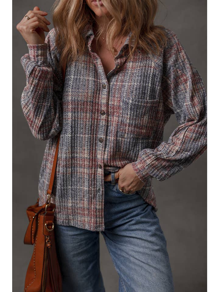 Multicolour LDC Plaid Textured Chest Pocket Vintage Shirt for wholesale on Faire