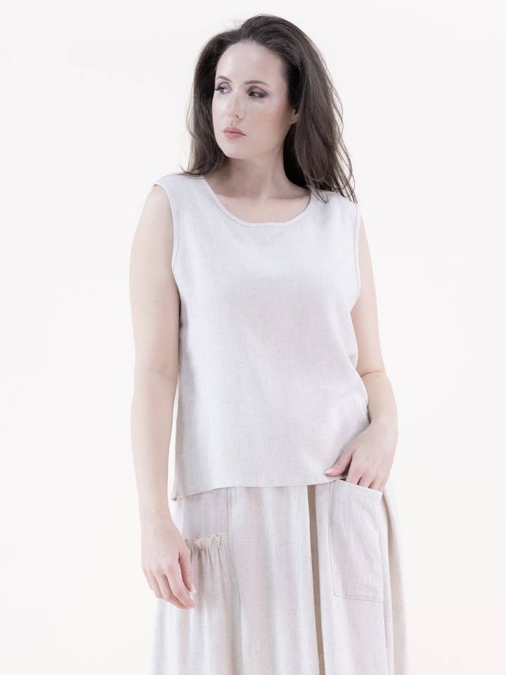 Débardeur basique en coton et lin à encolure dégagée sans manches pour la vente par Original USA