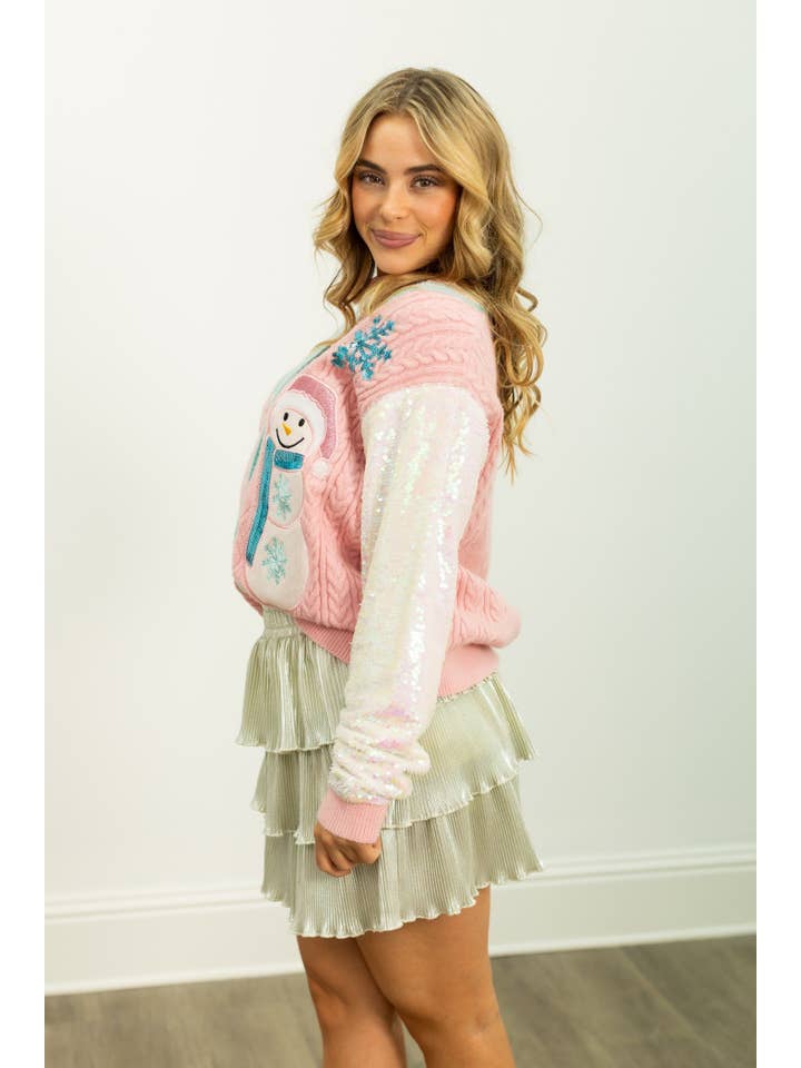 Pink Snowman Cardigan with Sequin Sleeves for wholesale on Faire8