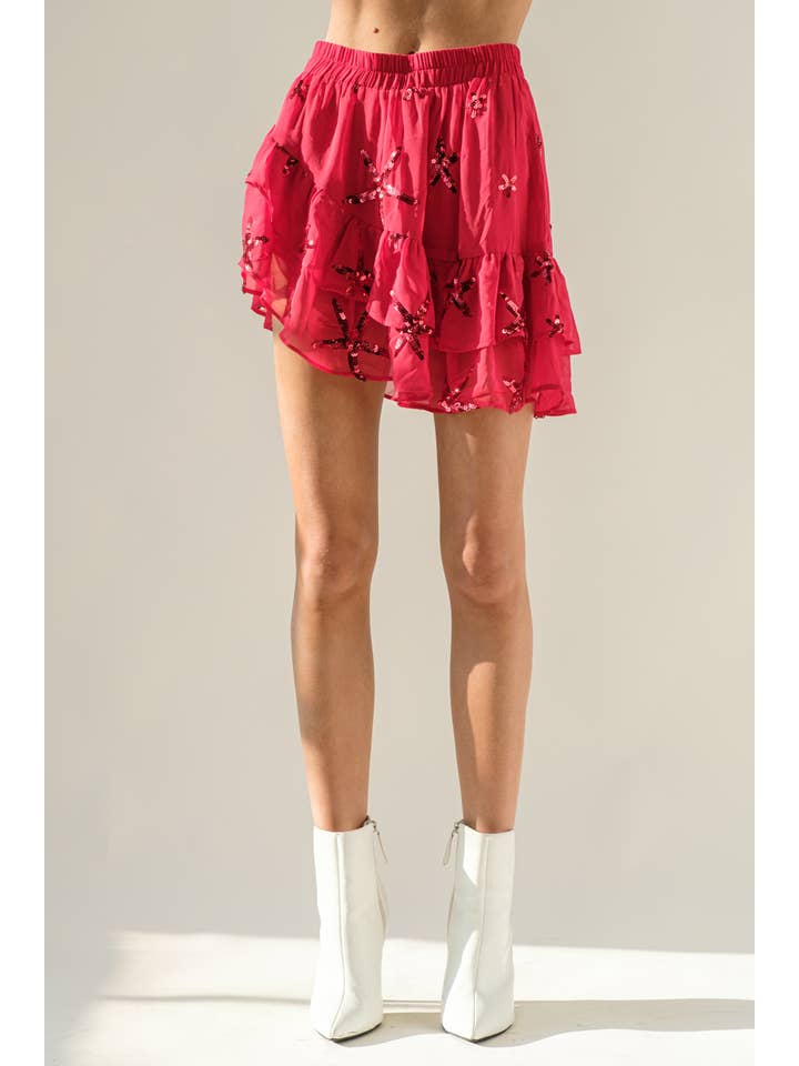 RED 32425S - Chiffon Star Sequin Print Asymmetrical Skirt for wholesale on Faire